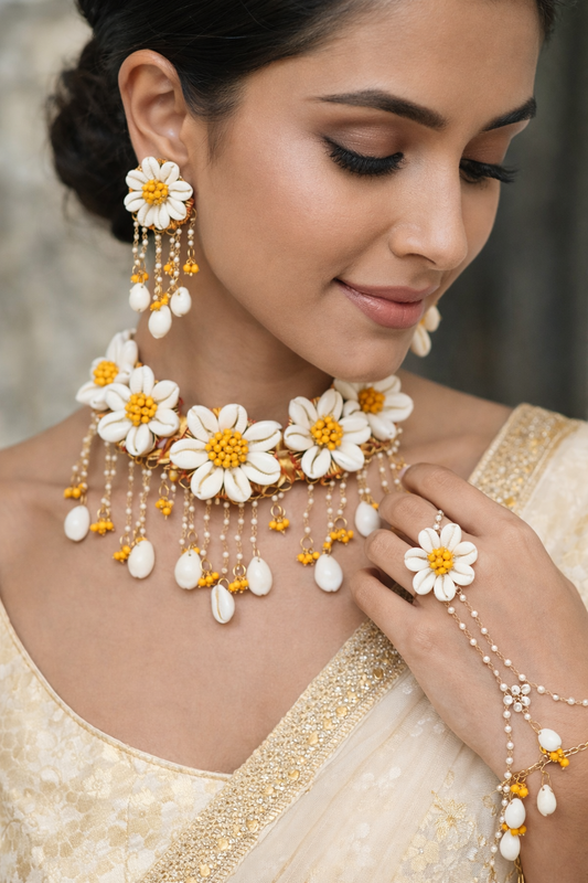 Haldi bride cowrie shall necklace set by Elegantstyle